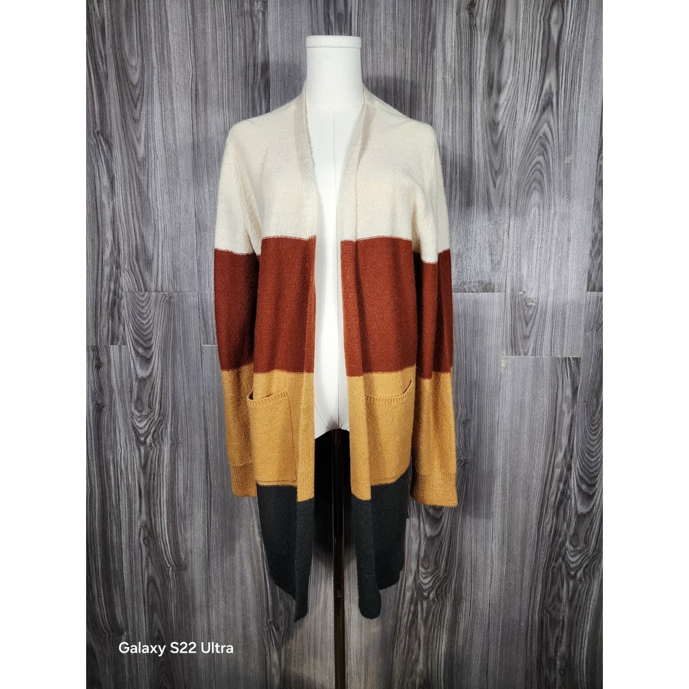 Marleylilly Colorblock Open Front Cardigan Sweater‎ Pockets Rust Mustard L/XL